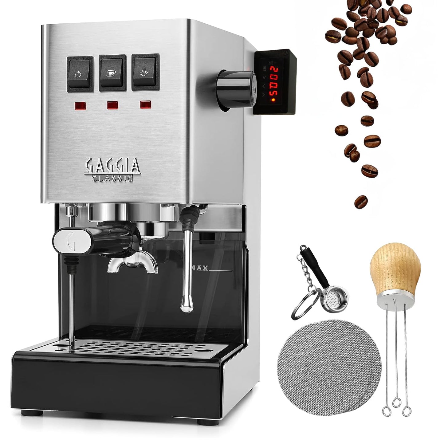 Modified Gaggia Classic Pro w/Upgrade Kit for Brew, Steam, & Flow Control + 2 Puck Screens, WDT Tool, and Keychain, Pull $2000-$3000 Quality Shots with your Gaggia (Stainless Steel)