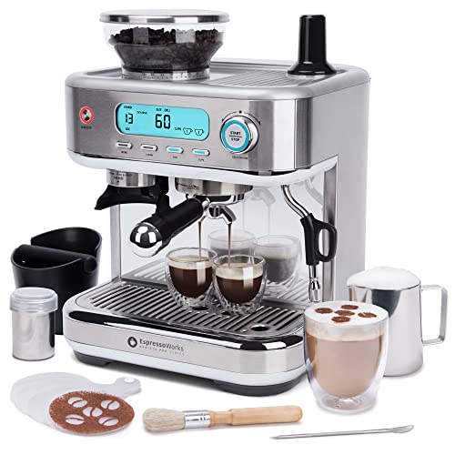 EspressoWorks Barista Pro Series Espresso Machine with Grinder, LCD Display and Steamer - Ready To Go In 60 Sec - 15-Bar Latte and Cappuccino Machine 30-Piece Bundle - Coffee Gifts (Silver)