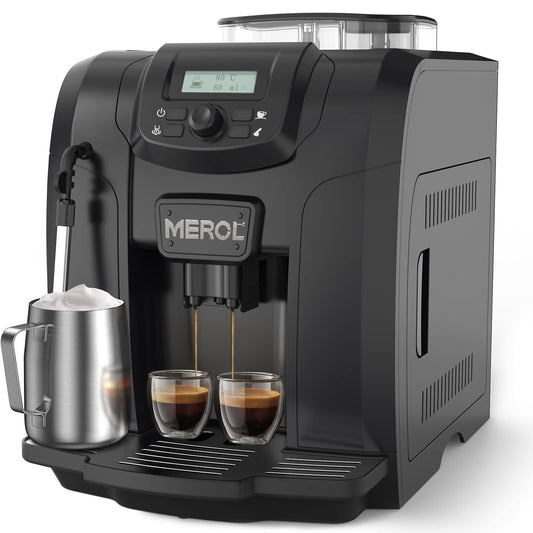 MEROL Automatic Espresso Coffee Machine, 19 Bar Barista Pump Coffee Maker with Grinder and Manual Milk Frother Steam Wand for Cappuccino Latte Macchiato, Black, Christmas Gift