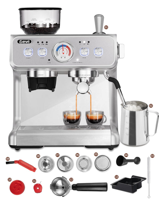 Gevi Espresso Machine With Grinder, 20 Bar Dual Boiler Automatic Espresso Machine with Milk Frother Wand All in One Espresso Machines for Home